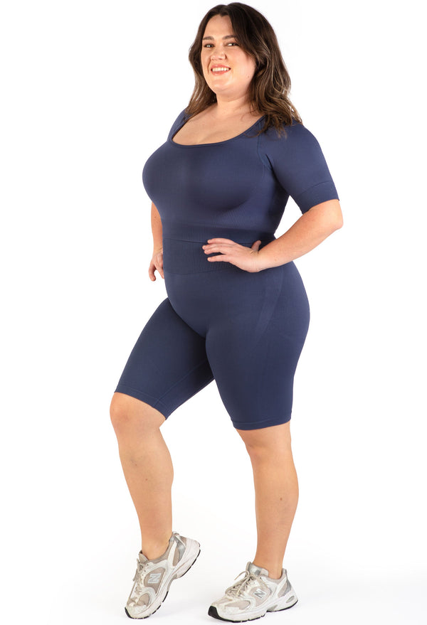 Plus Size Square Neck Short Sleeve Crop Top & High Waist Long Biker Shorts