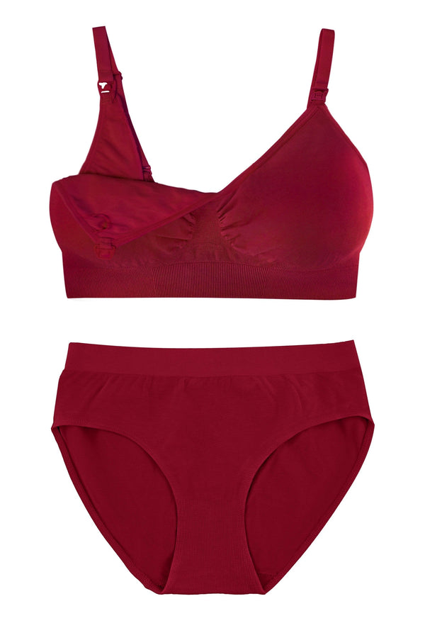 Burgundy Bamboo Nursing Bra + High Cut Undies Set With FREE Eco-Friendly Reusable Nursing Pads