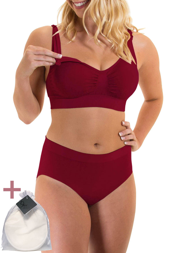 Burgundy Bamboo Nursing Bra + High Cut Undies Set With FREE Eco-Friendly Reusable Nursing Pads