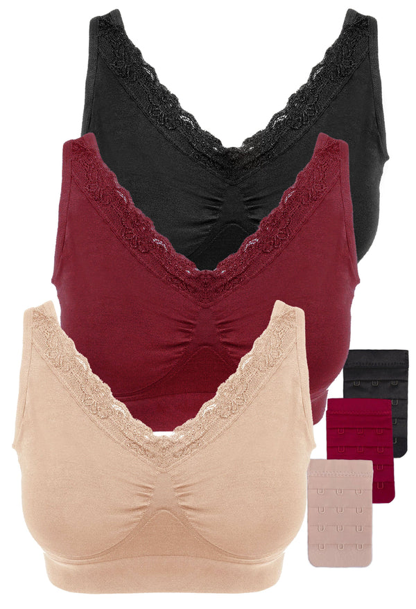 3 Pack Full Bust Wire Free Minimiser Bra + 3x4 Hook Bra Extender Set