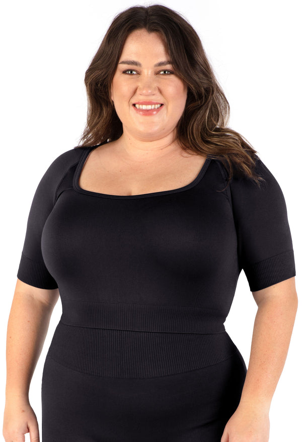 Plus Size Square Neck Short Sleeve Crop Top & High Waist Long Biker Shorts